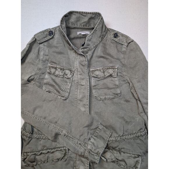 Loft Jacket Women Small Army Green Linen Utility Pockets Inside Cinch Full Zip - Picture 3 of 8